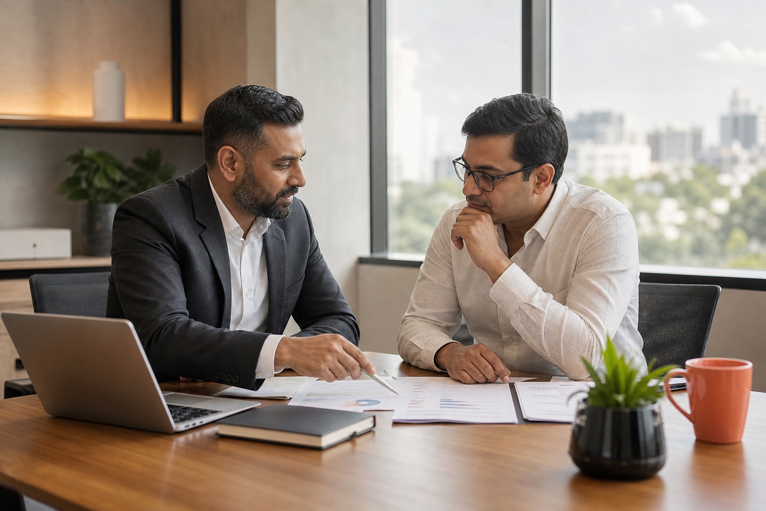 Two professionals discussing documents in a modern office
